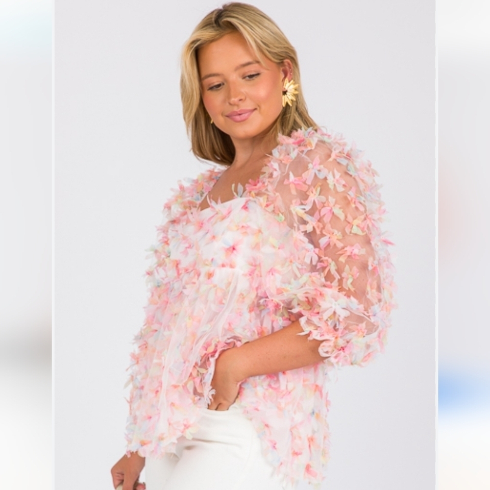 Storia 3D Butterfly Kiss Baby Doll Mesh Sheer Top‎ Pink Rainbow Women's Small